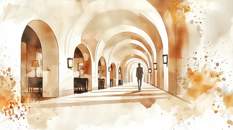 Elegant hotel corridor with guest walking, warm lighting and premium atmosphere