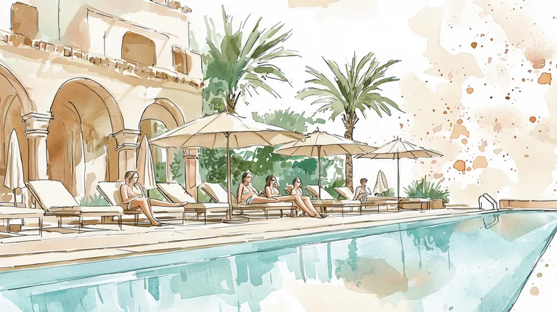 Luxury hotel pool area with sun loungers and guests relaxing under umbrellas