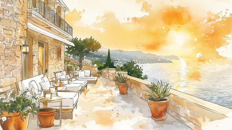 Hotel terrace with outdoor seating overlooking Mediterranean sea at golden hour