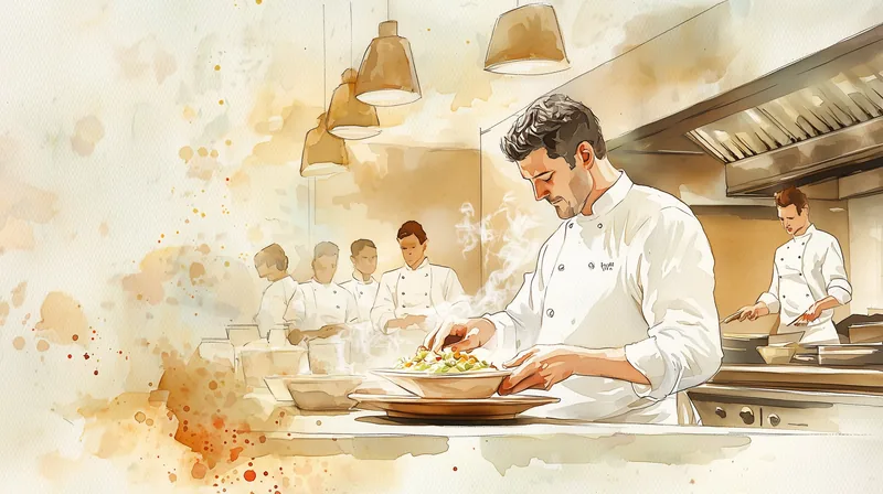 Restaurant kitchen pass with chef plating dish in dynamic culinary moment