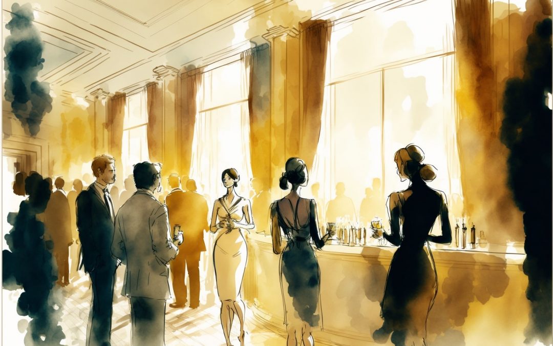 Meridian Chapters Blog 01 - Crowd of elegantly dressed individuals at a Hotel Lobby event